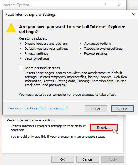 Now Click on Reset To Open The Reset Internet Explorer Settings Dialog Box